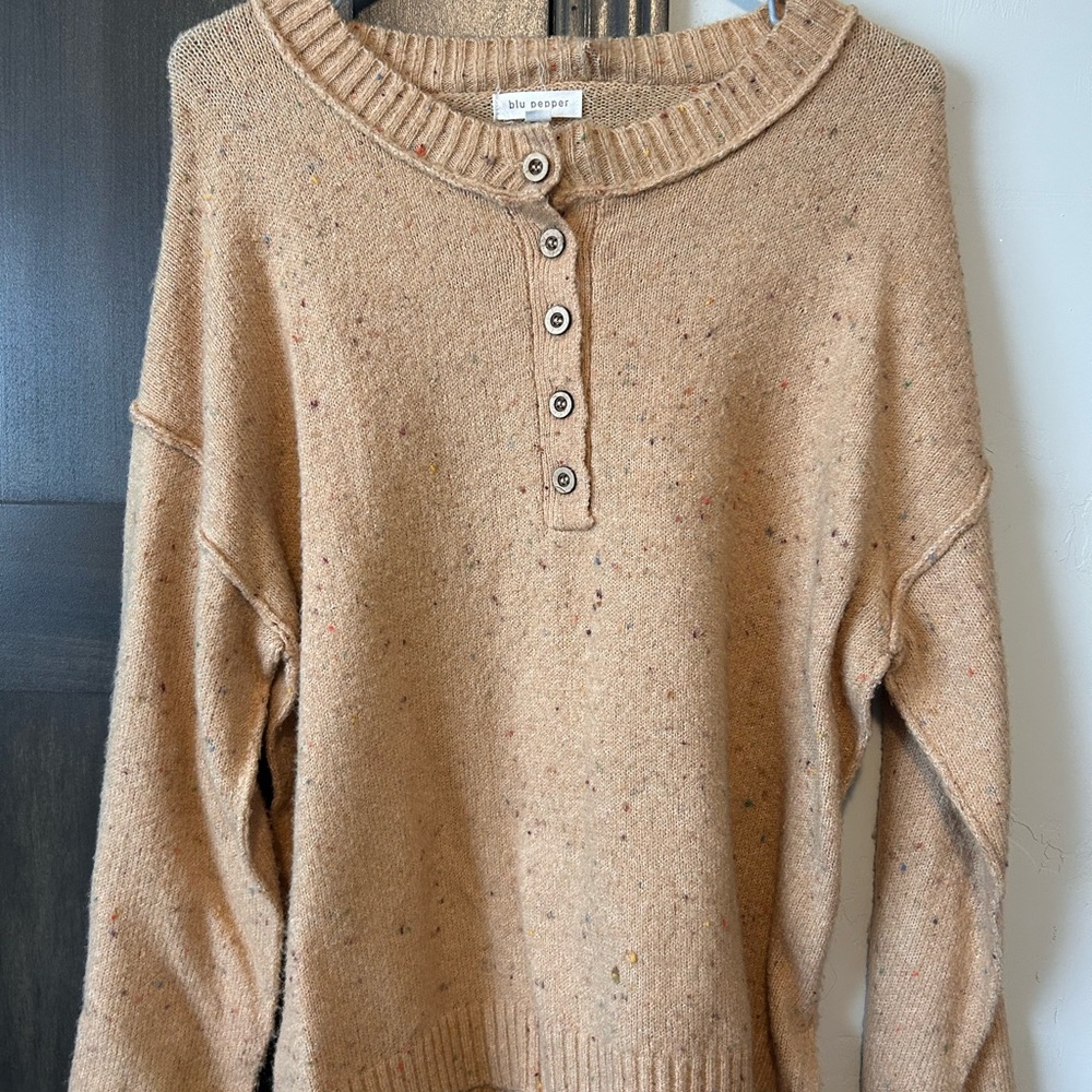 Blu Pepper Confetti Tan Sweater with Button Detail